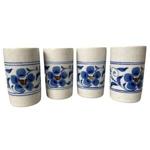 Hacienda By Hozan Otagiri Blue Floral Speckled Japanese Tea Saki Cup Set of 4